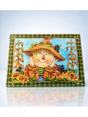 Vintage 2000s Janet Stover Scarecrow Tempered Glass Cutting Board, 15.5x12”
